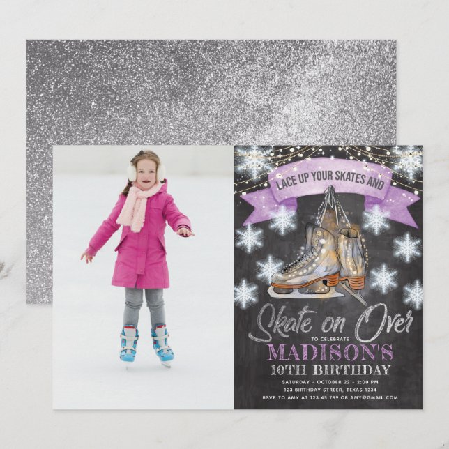 Ice Skating Girl Birthday Photo Personalised Invitation (Front/Back)