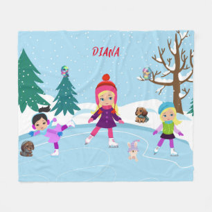 ICE SKATING GIRL'S & ANIMAL FRIENDS FLEECE BLANKET