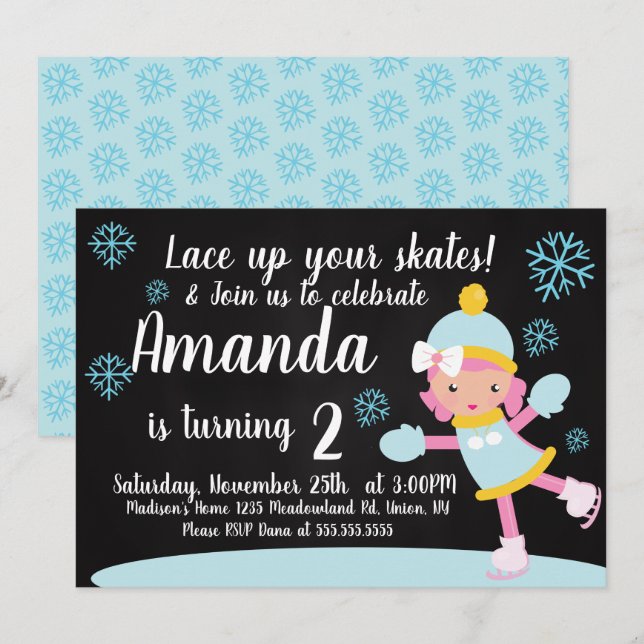 Ice Skating Girl's Birthday Blue Snowflakes Party Invitation (Front/Back)