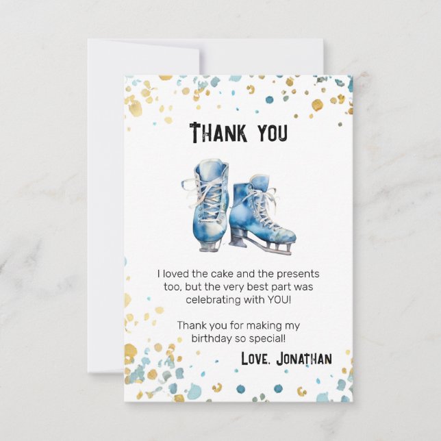 Ice-Skating, Hockey Boys Birthday Party Thank You Card (Front)