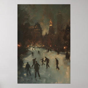 Ice Skating in City Central Park, Vintage Poster