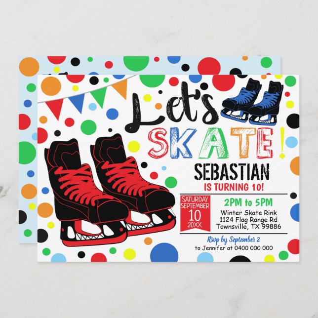 Ice Skating Invitation Ice Skating Party Boy Red (Front/Back)