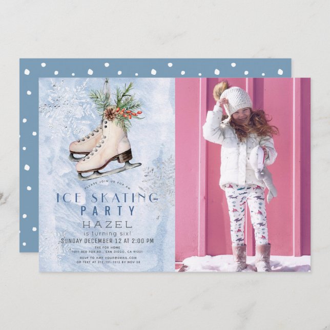 Ice Skating Party Frozen Snowflake Birthday Photo Invitation (Front/Back)