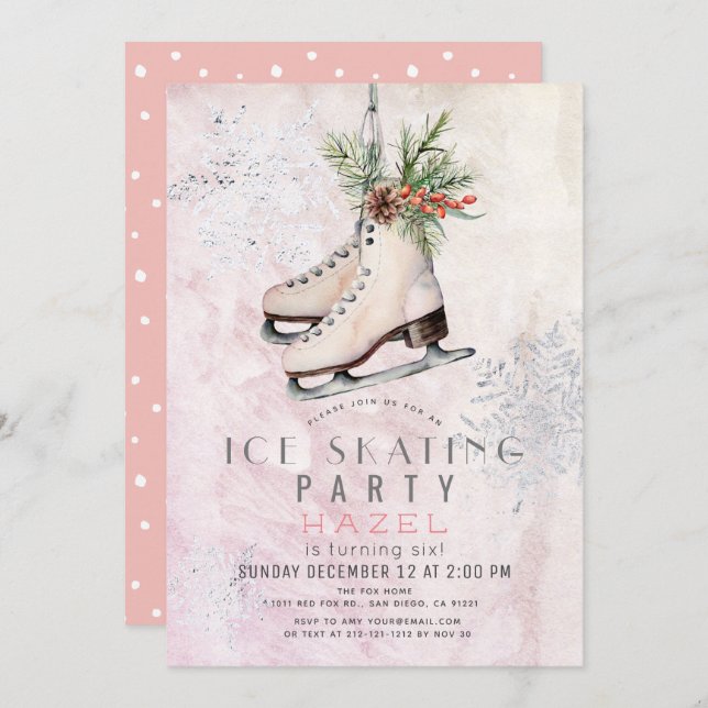 Ice Skating Party Frozen Snowflake Pink Birthday Invitation (Front/Back)