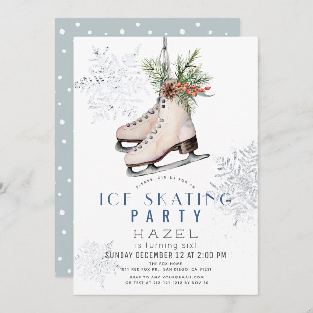 Ice Skating Party Frozen Snowflake White Birthday Invitation (Front/Back)