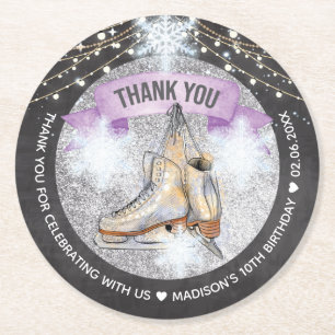 Ice Skating Party Personalised Silver Glitter Round Paper Coaster