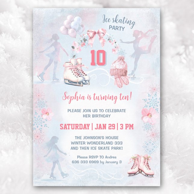 Ice Skating Party Pink Blue Winter Girl Birthday  Invitation (Ice Skating Party Pink Blue Winter Girl Birthday Invitation)
