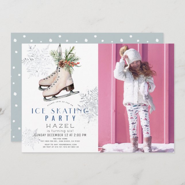 Ice Skating Party Snowflake White Birthday Photo Invitation (Front/Back)