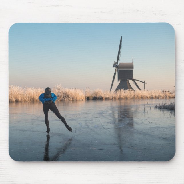 Ice skating past windmill and reeds mousepad (Front)