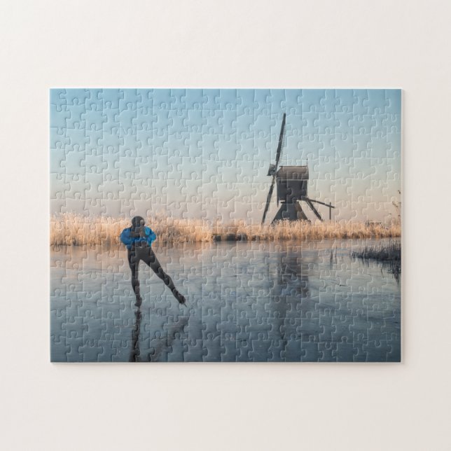 Ice skating past windmill and reeds puzzle (Horizontal)