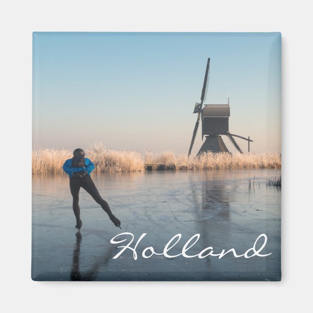 Ice skating past windmill and reeds text magnet (Front)