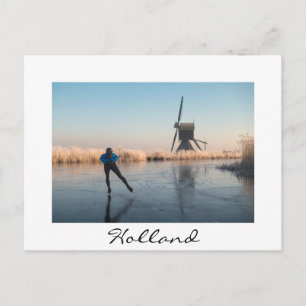 Ice skating past windmill and reeds white postcard