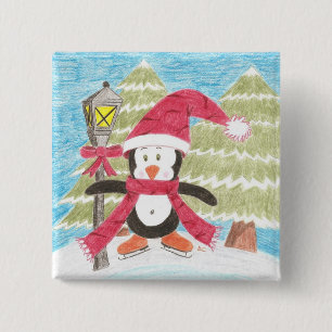 Ice skating penguin 15 cm square badge