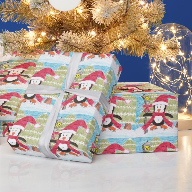 Ice skating penguin Christmas wrapping paper (Holidays)