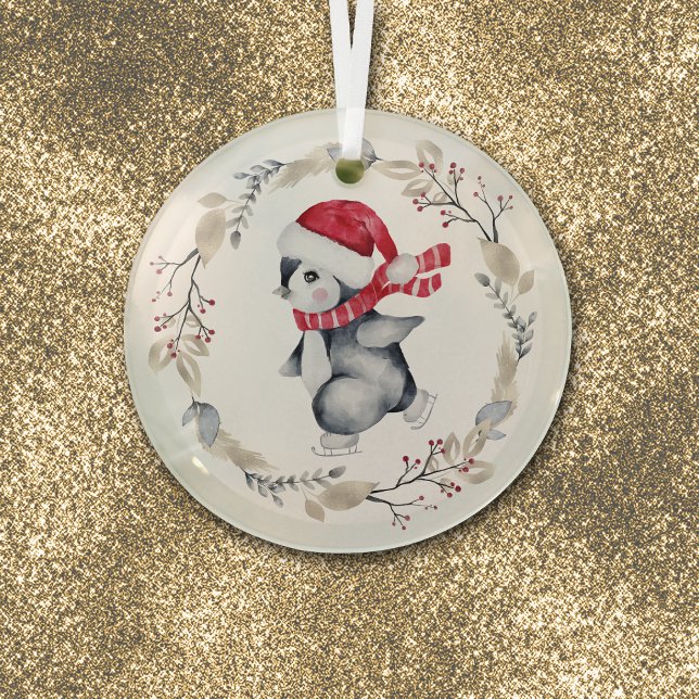 Ice Skating Penguin in Winter Wreath Glass Tree Decoration (Creator Uploaded)