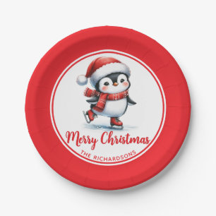 Ice Skating Penguin White Red Merry Christmas Paper Plate