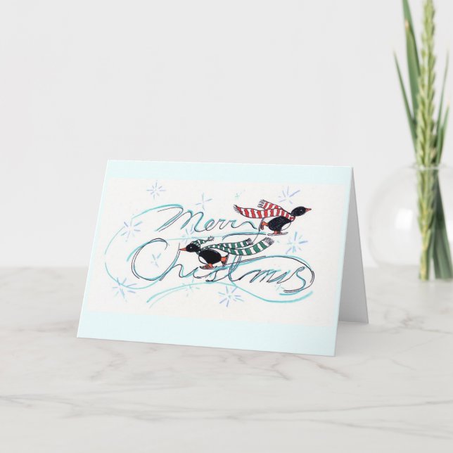 Ice Skating Penguins' Christmas Holiday Card (Front)
