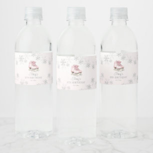 Ice Skating Pink Silver Glitter Snowflake Birthday Water Bottle Label