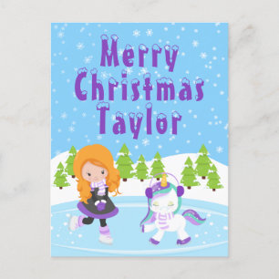 Ice Skating Red Hair Girl Merry Christmas Holiday