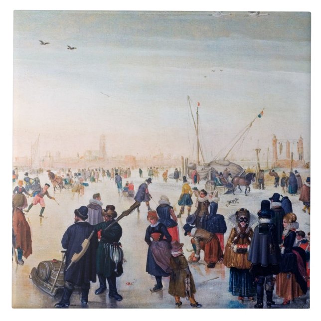 Ice Skating Scene. Fine Art Christmas Gift Tile (Front)
