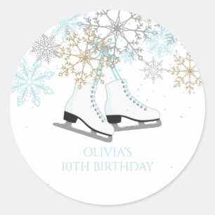 Ice Skating Snowflakes blue and gold Classic Round Sticker