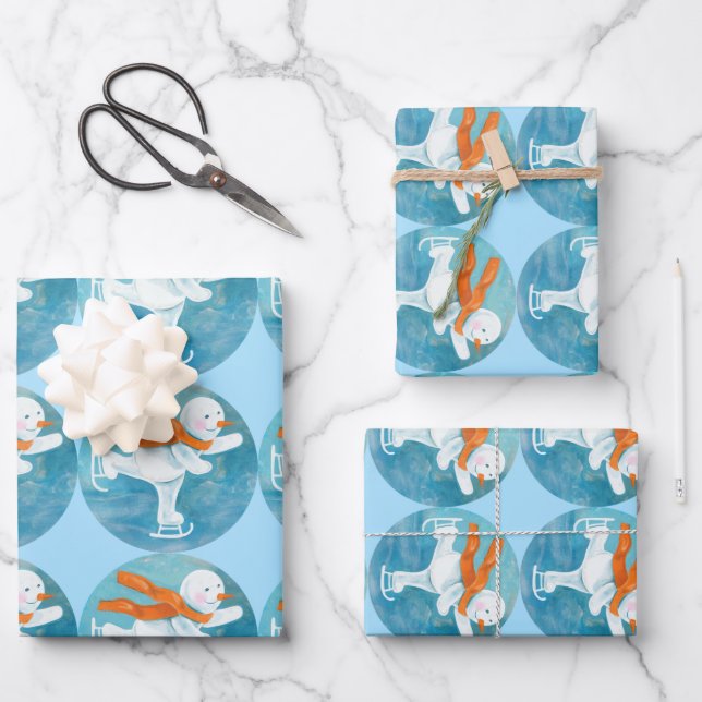 Ice Skating Snowman  Wrapping Paper Sheet (Front)