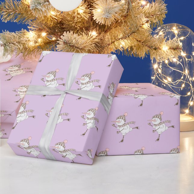 Ice Skating Snowmen Purple Wrapping Paper (Holidays)