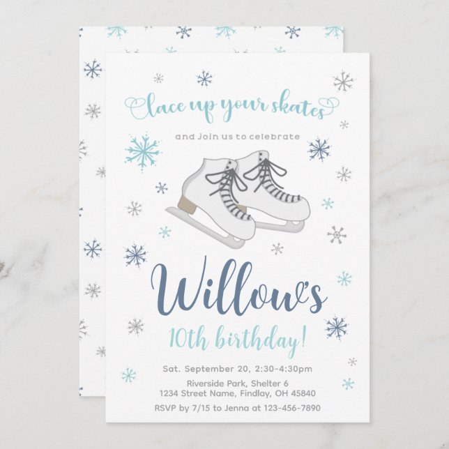 Ice Skating Winter Birthday Party, Blue, Any Age Invitation (Front/Back)