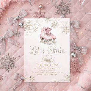 Ice Skating Winter Birthday Party Let's Skate Gold Invitation