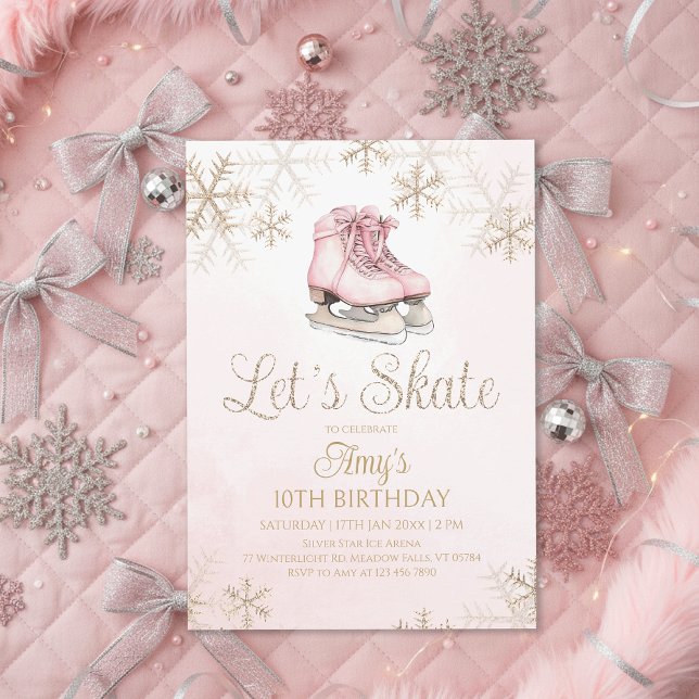Ice Skating Winter Birthday Party Let's Skate Gold Invitation (Creator Uploaded)