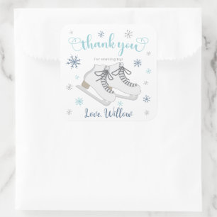 Ice Skating Winter, Blue Birthday Thank You Favour Square Sticker