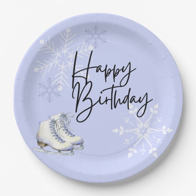 Ice Skating Winter Snowflake Themed Birthday Party Paper Plate (Front)