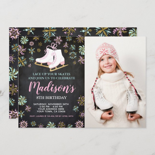 Ice Skating, Winter wonderland with photo Invitation (Front/Back)