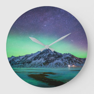 Ice & Snow   Aurora Borealis Milky Way Iceland Large Clock
