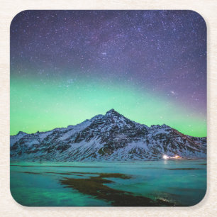 Ice & Snow Aurora Borealis Milky Way Iceland Square Paper Coaster