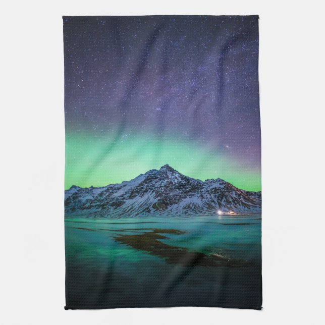 Ice & Snow | Aurora Borealis Milky Way Iceland Tea Towel (Vertical)