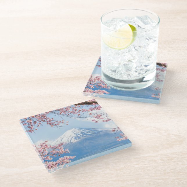 Ice & Snow | Cherry Blossoms Mt. Fuji Japan Glass Coaster (Angled)