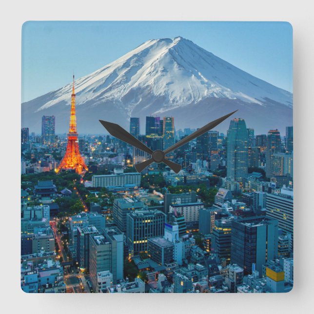 Ice & Snow | Mt. Fuji & Tokyo Skyline Square Wall Clock (Front)