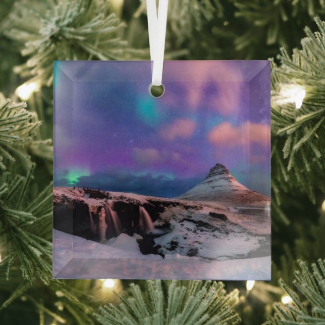 Ice & Snow | Northern Lights,  Kirkjufell Mountain Glass Tree Decoration (Insitu)