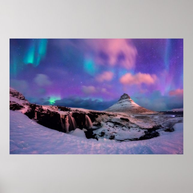Ice & Snow | Northern Lights,  Kirkjufell Mountain Poster (Front)