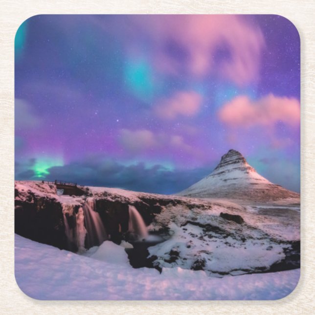 Ice & Snow | Northern Lights,  Kirkjufell Mountain Square Paper Coaster (Front)