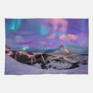 Ice & Snow Northern Lights, Kirkjufell Mountain Tea Towel