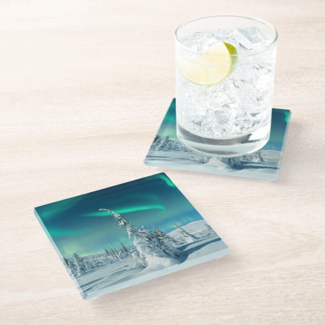 Ice & Snow | Northern Lights, Lapland, Finland Glass Coaster (Angled)