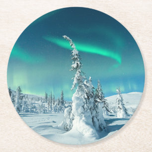 Ice & Snow   Northern Lights, Lapland, Finland Round Paper Coaster