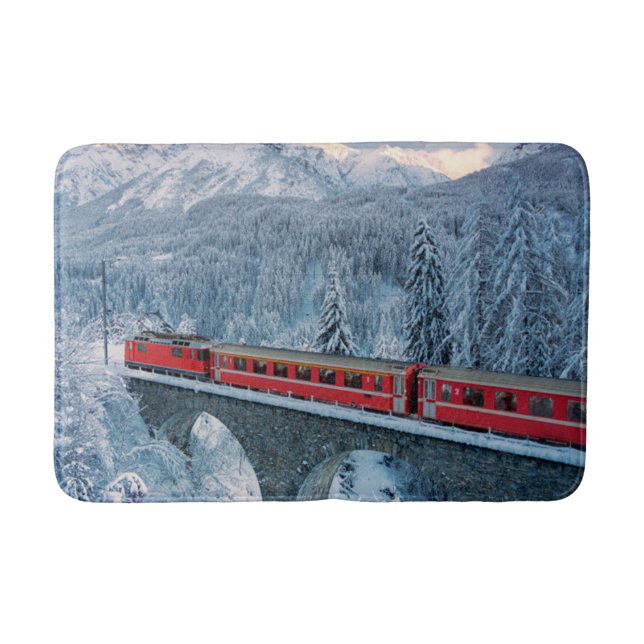 Ice & Snow | Red Bernina Express Train Switzerland Bath Mat (Front)