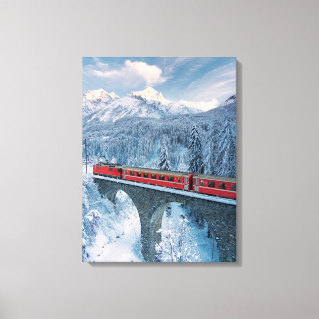 Ice & Snow | Red Bernina Express Train Switzerland Canvas Print (Front)