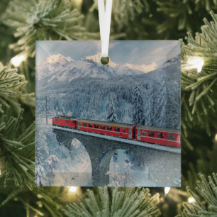 Ice & Snow Red Bernina Express Train Switzerland Glass Tree Decoration