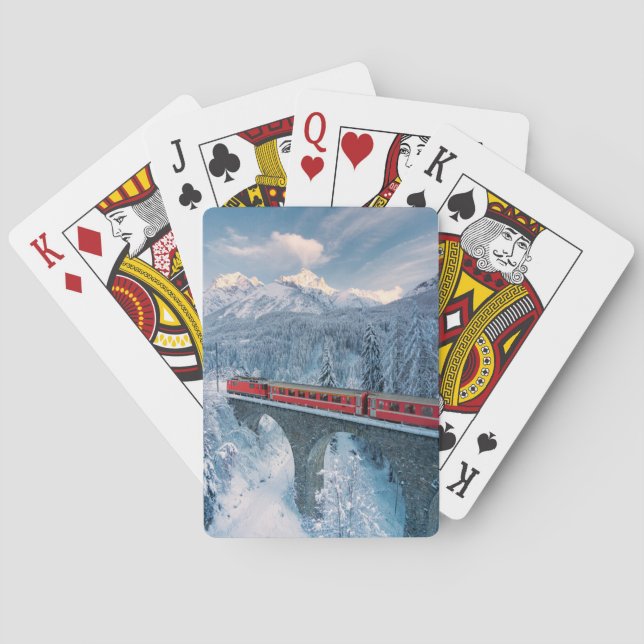 Ice & Snow | Red Bernina Express Train Switzerland Playing Cards (Back)