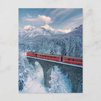 Ice & Snow | Red Bernina Express Train Switzerland Postcard