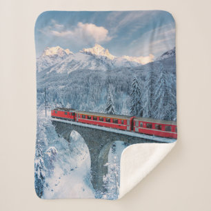 Ice & Snow Red Bernina Express Train Switzerland Sherpa Blanket